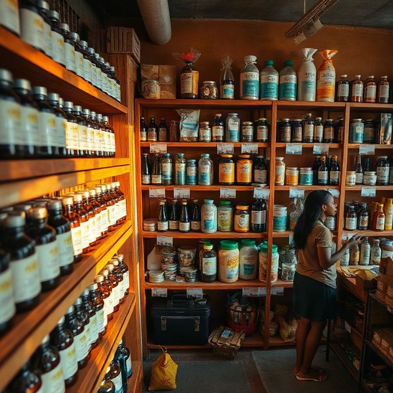Curated everyday products on indigo-branded shelving in a Kitale shop